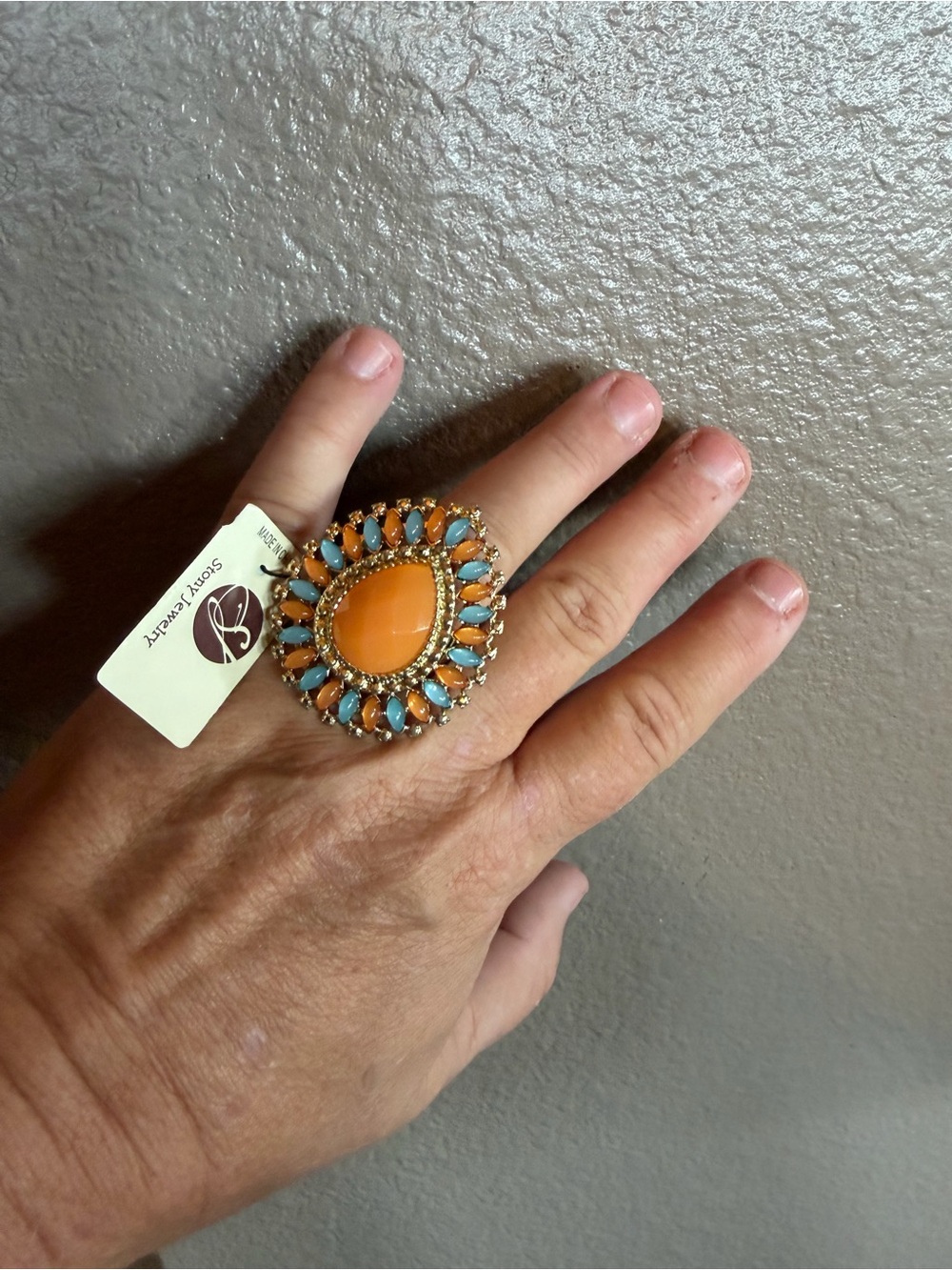 Statement Teardrop Ring with Orange Center and Turquoise Accents
